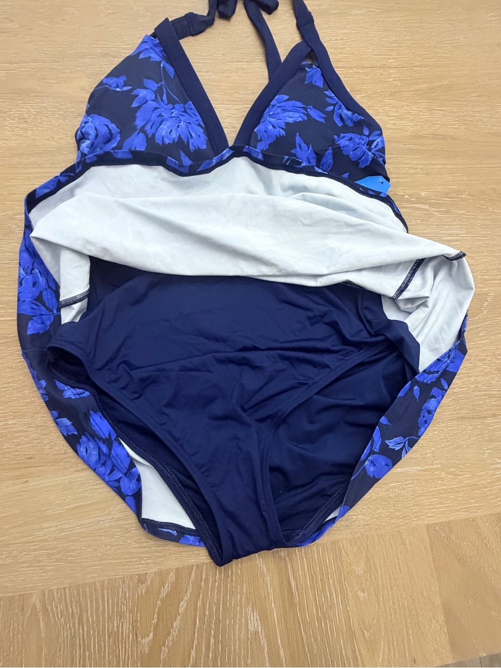 Blue Floral Halter Swimdress with Flared Skirt - Picture 5 of 11